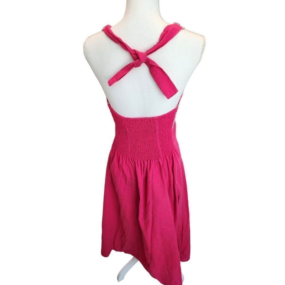 Vintage 90s Vibrant Pink Halter Floral Embroidered Maxi Dress XS Boho Chic - Picture 6 of 8
